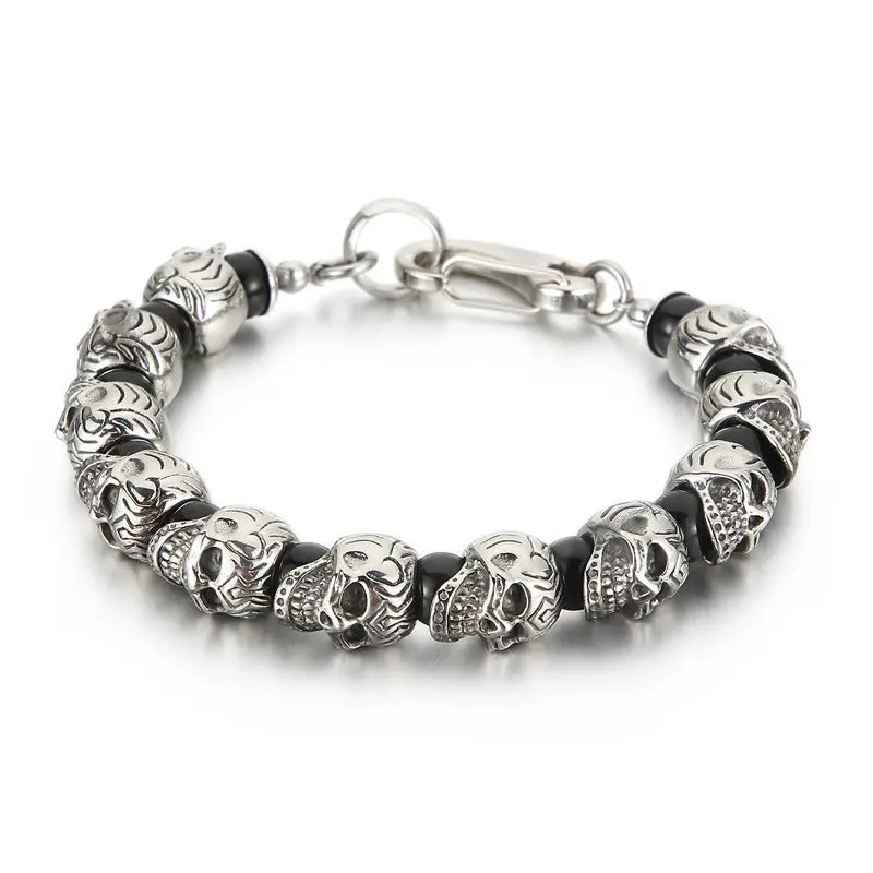 Natural Stone Bead Stainless Steel Skull Bracelet VRAFI