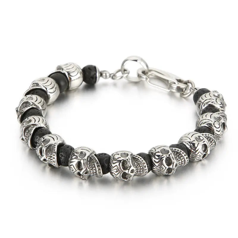 Natural Stone Bead Stainless Steel Skull Bracelet VRAFI