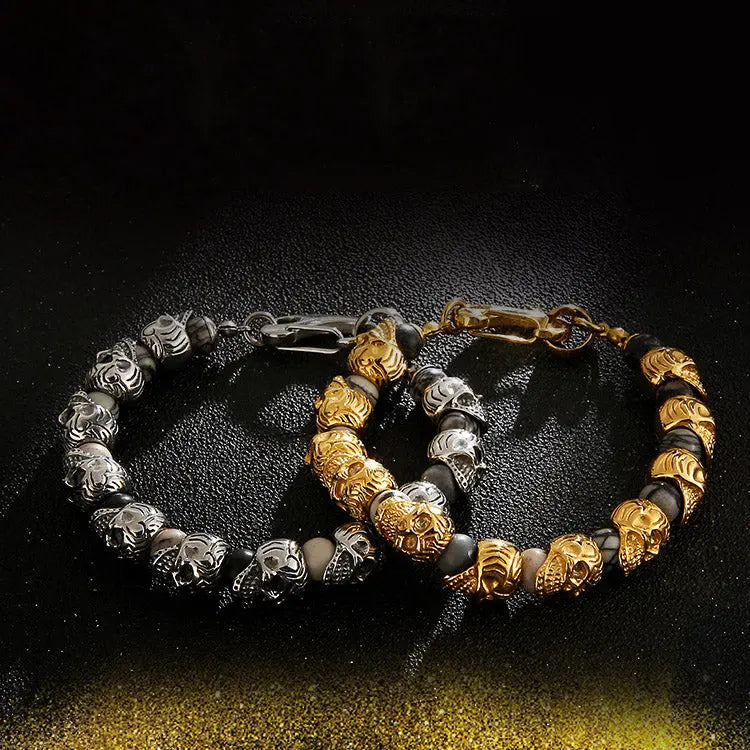 Natural Stone Bead Stainless Steel Skull Bracelet VRAFI