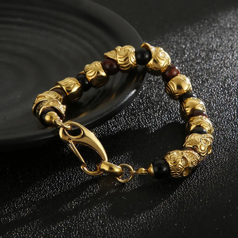 Natural Stone Bead Stainless Steel Skull Bracelet VRAFI