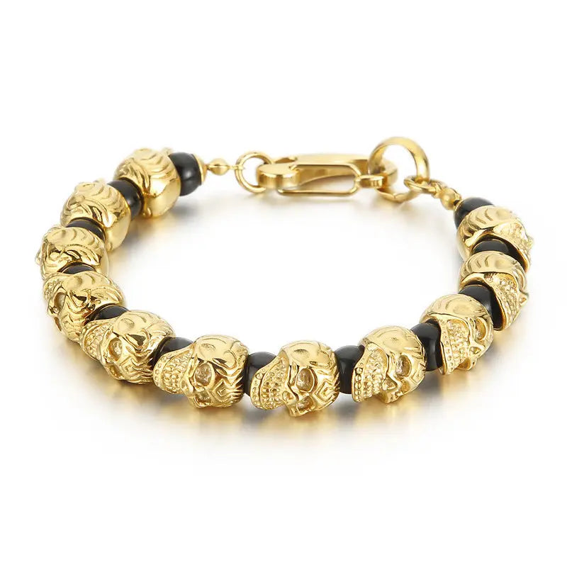 Natural Stone Bead Stainless Steel Skull Bracelet VRAFI