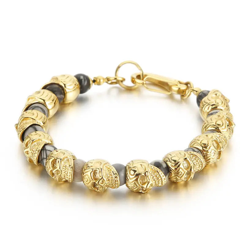 Natural Stone Bead Stainless Steel Skull Bracelet VRAFI