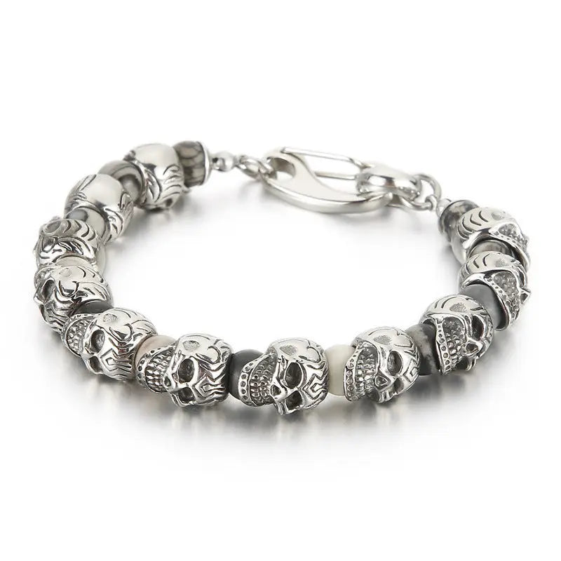 Natural Stone Bead Stainless Steel Skull Bracelet VRAFI