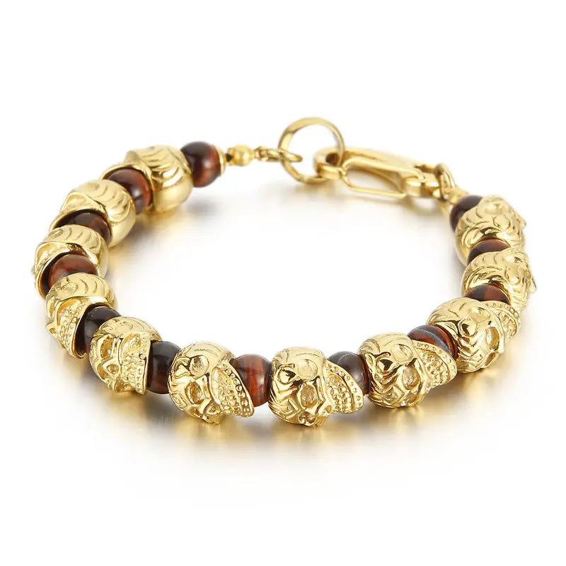 Natural Stone Bead Stainless Steel Skull Bracelet VRAFI