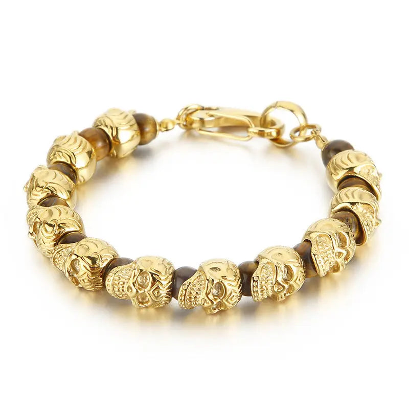 Natural Stone Bead Stainless Steel Skull Bracelet VRAFI