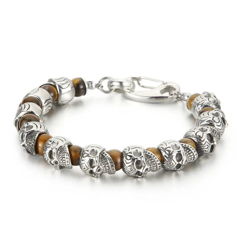 Natural Stone Bead Stainless Steel Skull Bracelet VRAFI