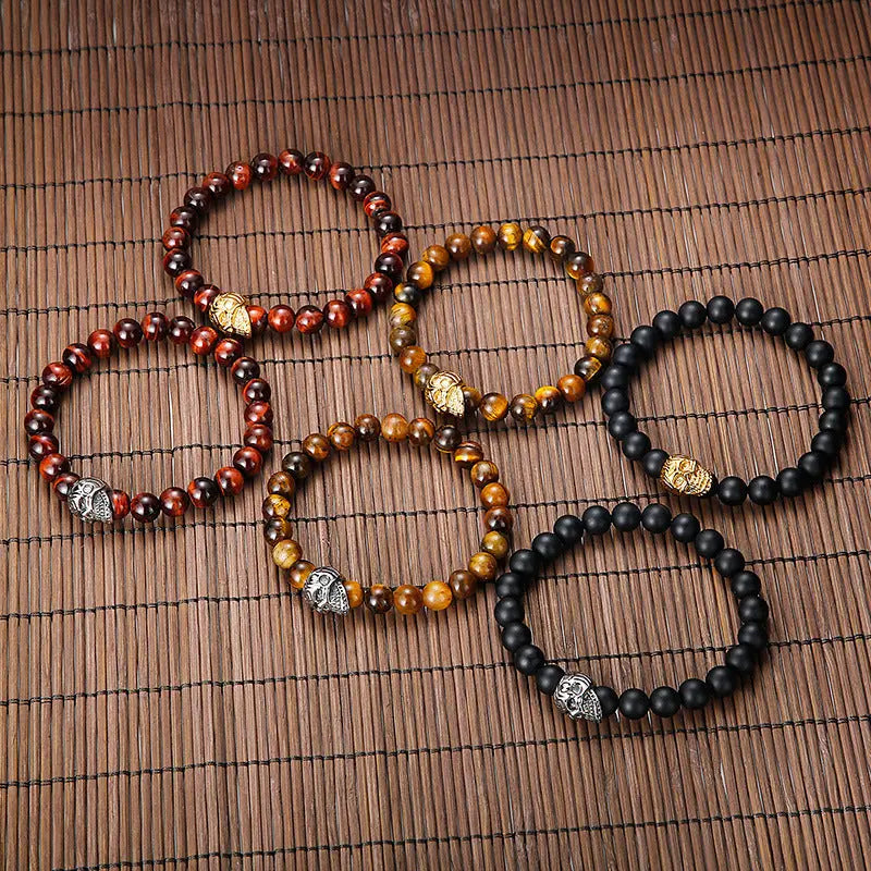 Natural Stone Round Beads Skull Style Stretchable Bracelet VRAFI