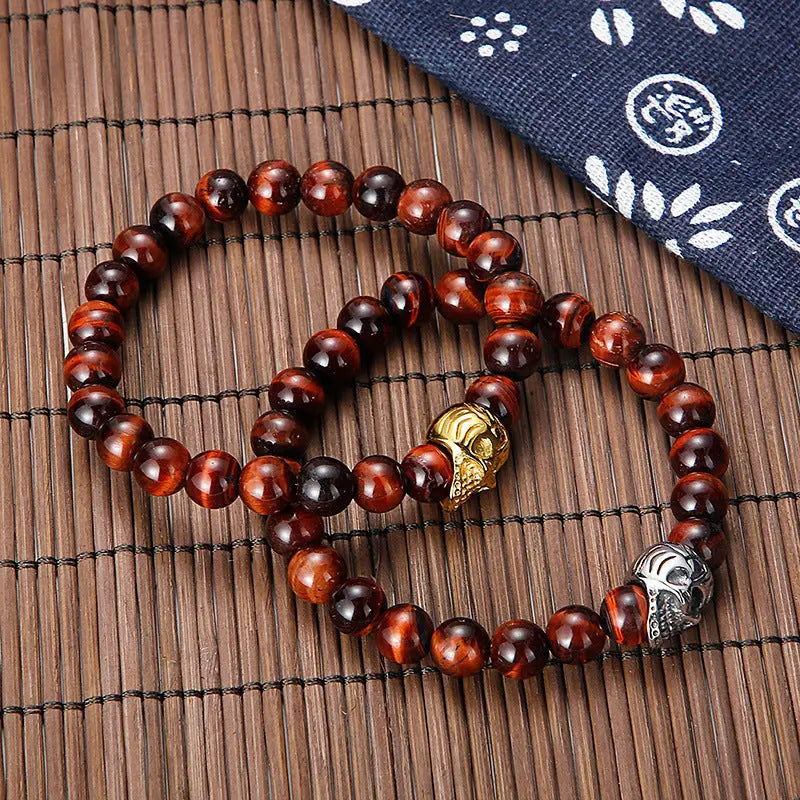 Natural Stone Round Beads Skull Style Stretchable Bracelet VRAFI