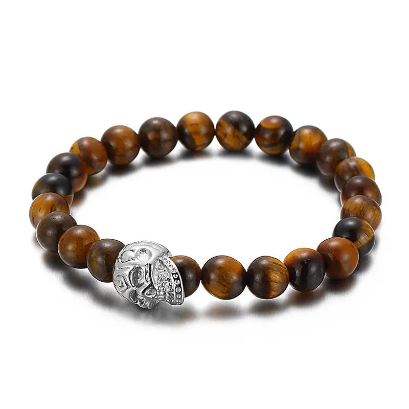 Natural Stone Round Beads Skull Style Stretchable Bracelet VRAFI