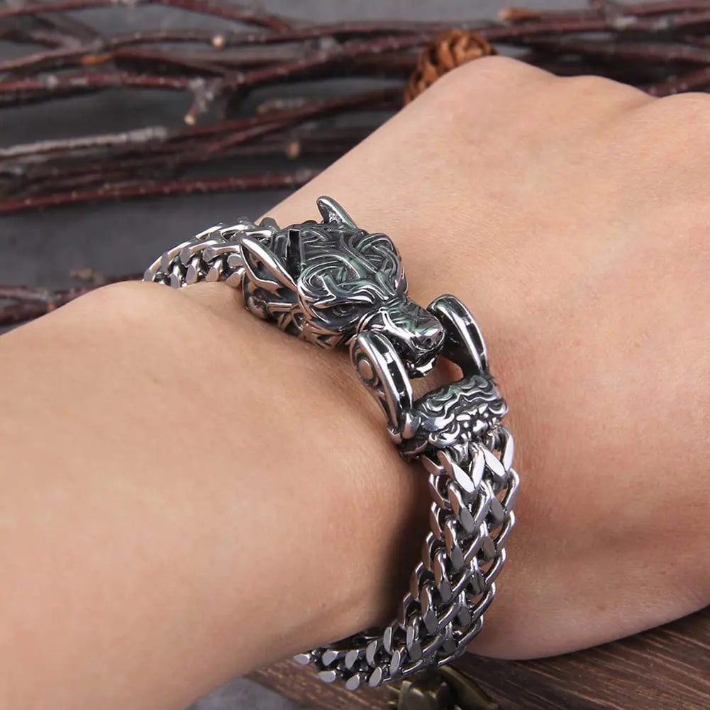 Norse Mythology Stainless Steel Viking Wolf Head Bracelet VRAFI