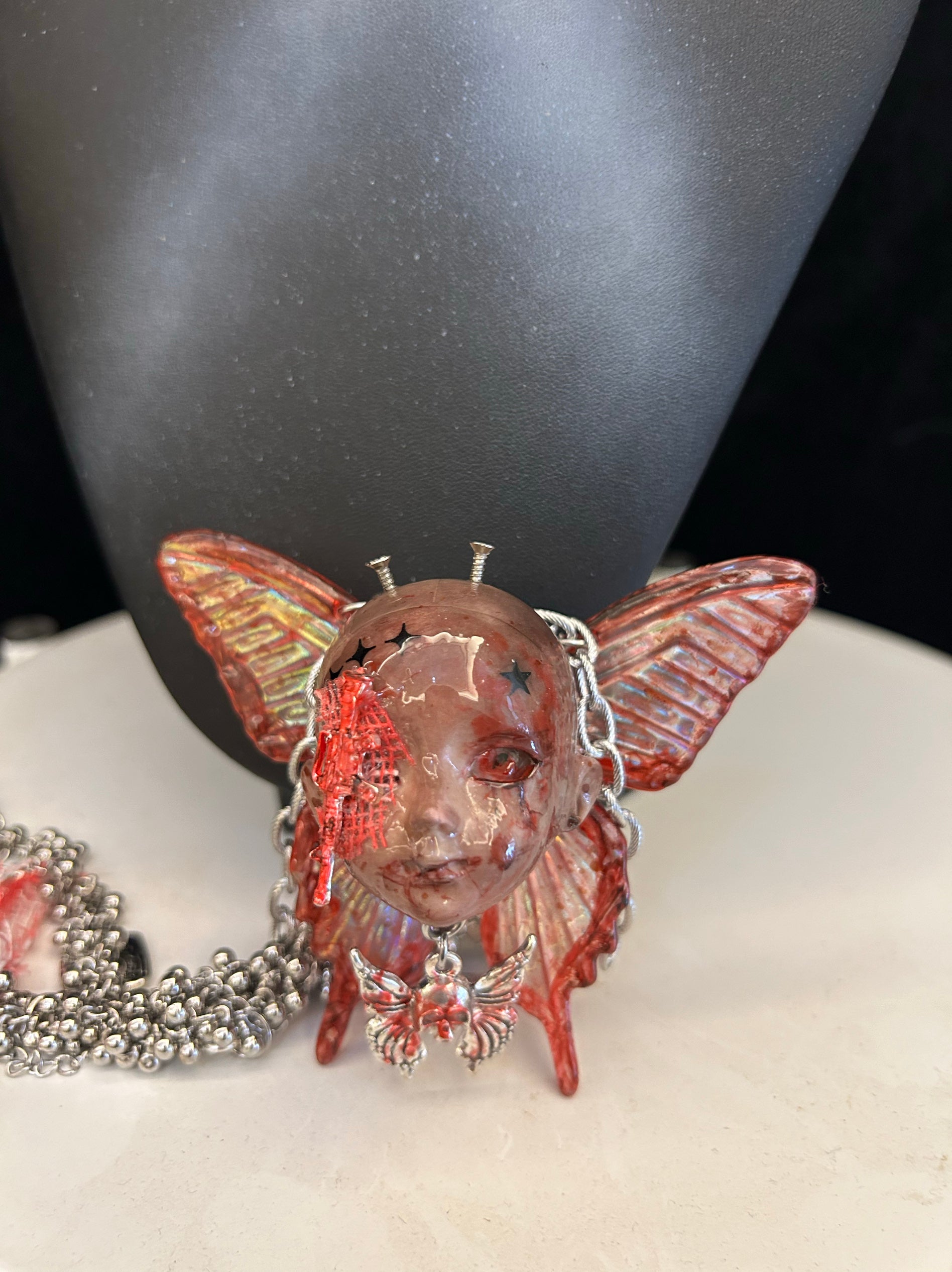 Big Butterfly Gothic Dark Doll Head Necklace