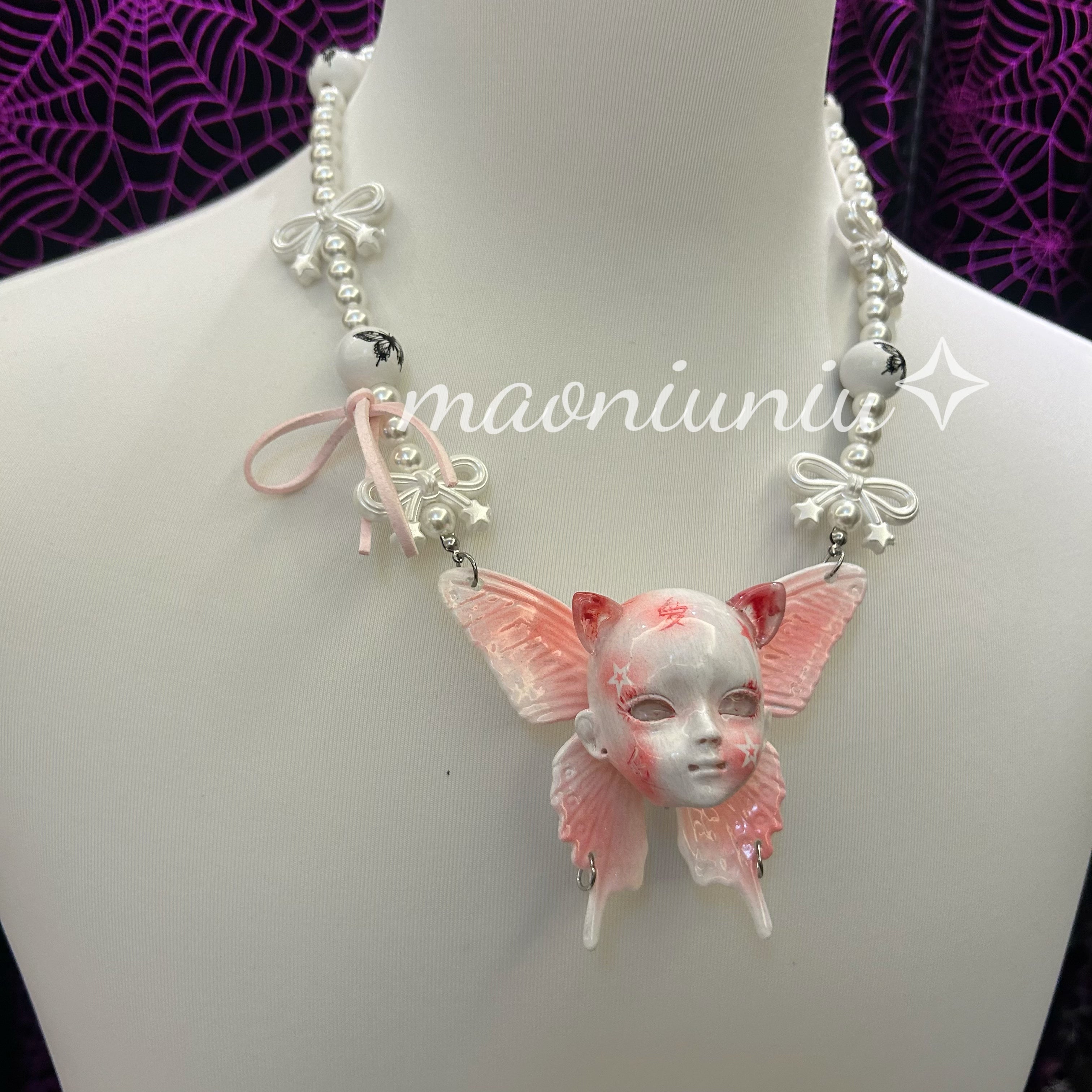 Cat ear butterfly baby head necklace