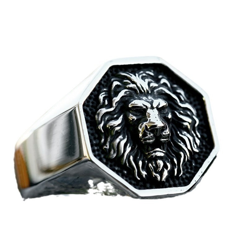 Octagonal Vintage Lion Head Men's Ring