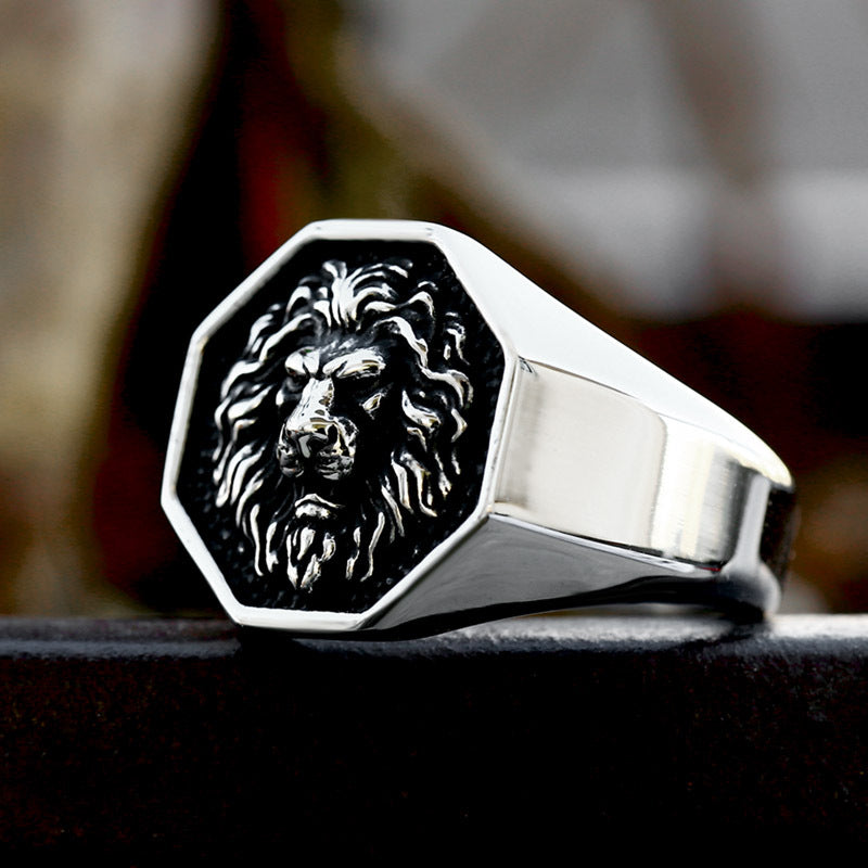 Octagonal Vintage Lion Head Men's Ring