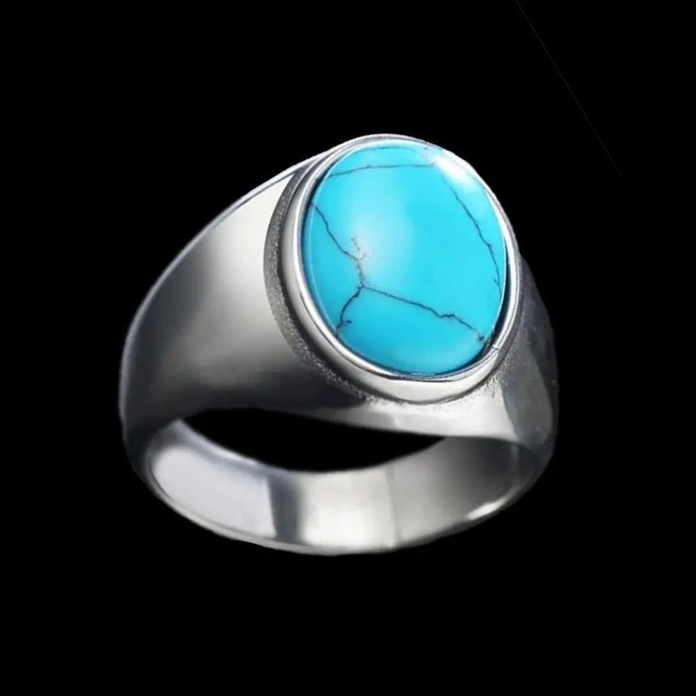 Oval Blue Turquoise-Obsidian Stainless Steel Ring VRAFI