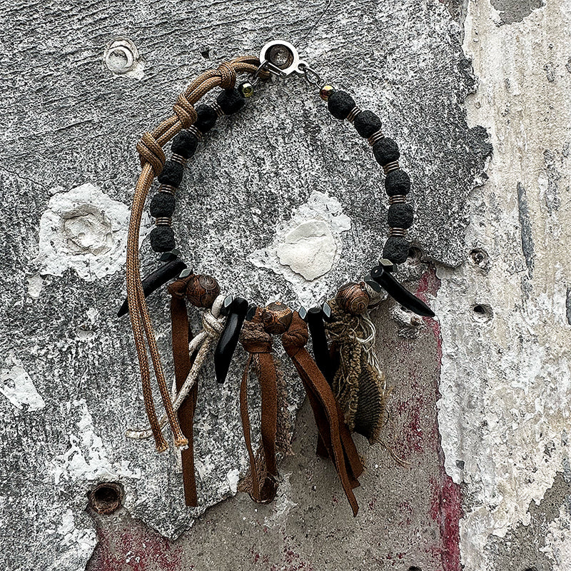 Primitive Tribal Volcanic Stone Beaded Clavicle Necklace