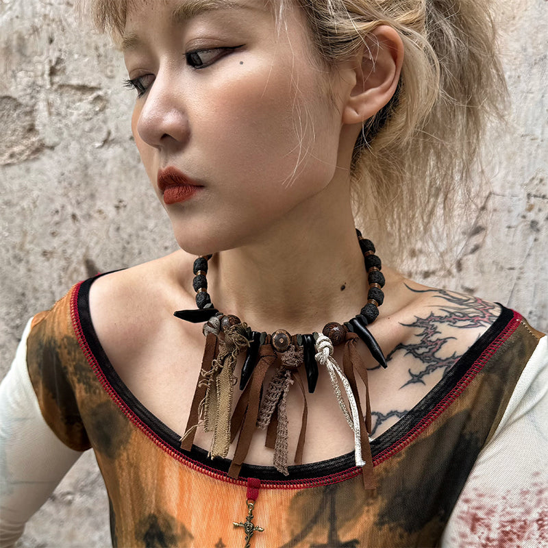 Primitive Tribal Volcanic Stone Beaded Clavicle Necklace