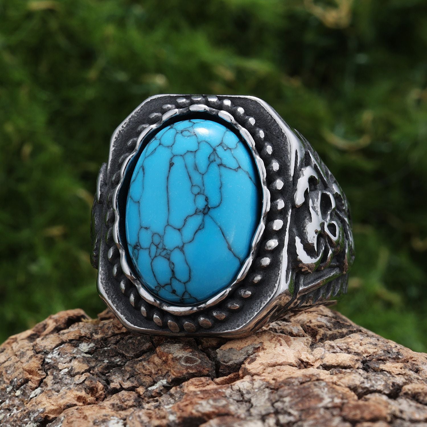 Retro Turquoise Carved Skull Ring Vrafi Jewelry