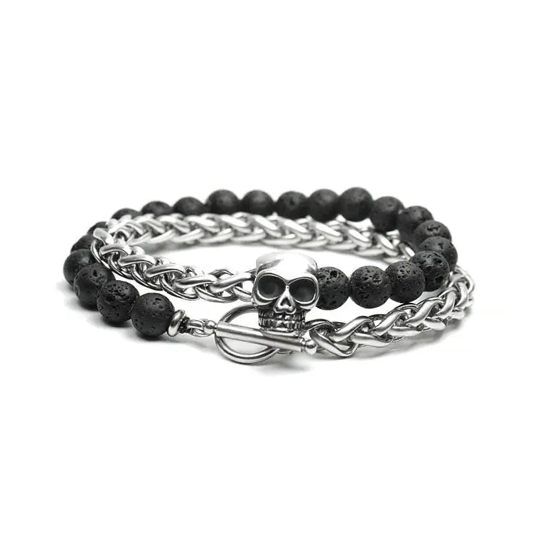 Round Stone Bead Skull Head Chain Stainless Steel Bracelet VRAFI