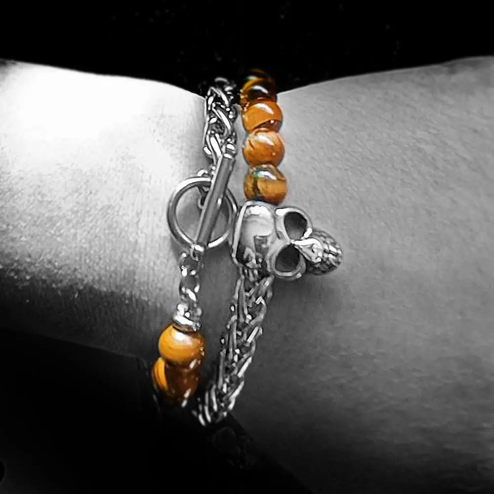 Round Stone Bead Skull Head Chain Stainless Steel Bracelet VRAFI