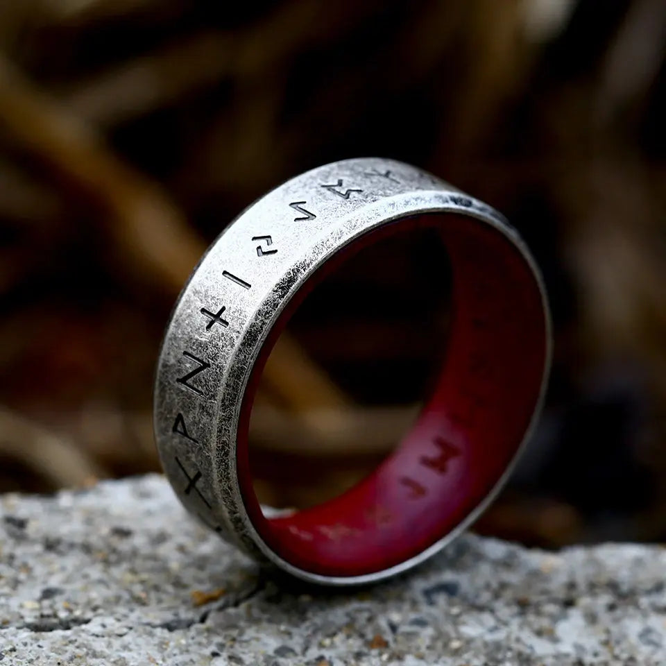 Runes Engraved With Rosewood Stainless Steel Ring VRAFI