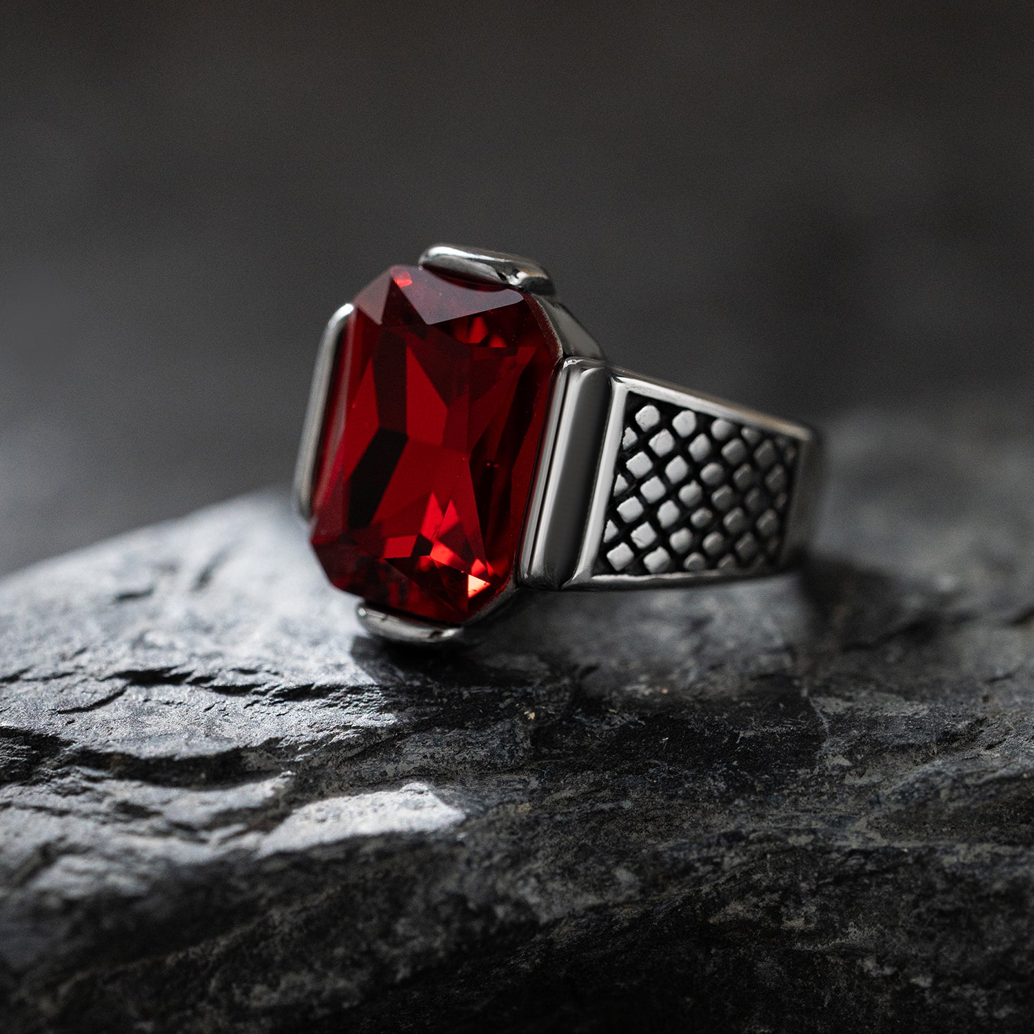 Rectangular Gemstone Grid Band Stainless Steel Ring