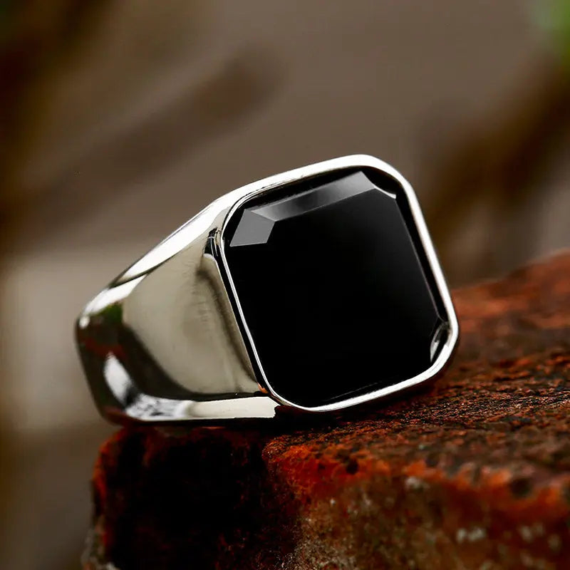 Square Obsidian Stainless Steel Ring - Vrafi Jewelry