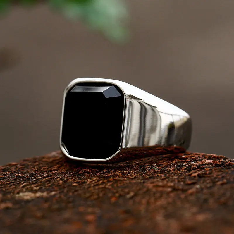 Square Obsidian Stainless Steel Ring - Vrafi Jewelry