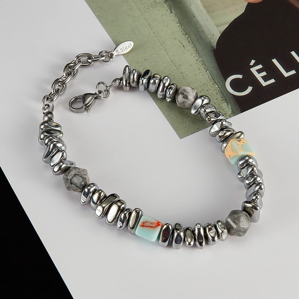 Bracciale con perline in acciaio inossidabile alabastro