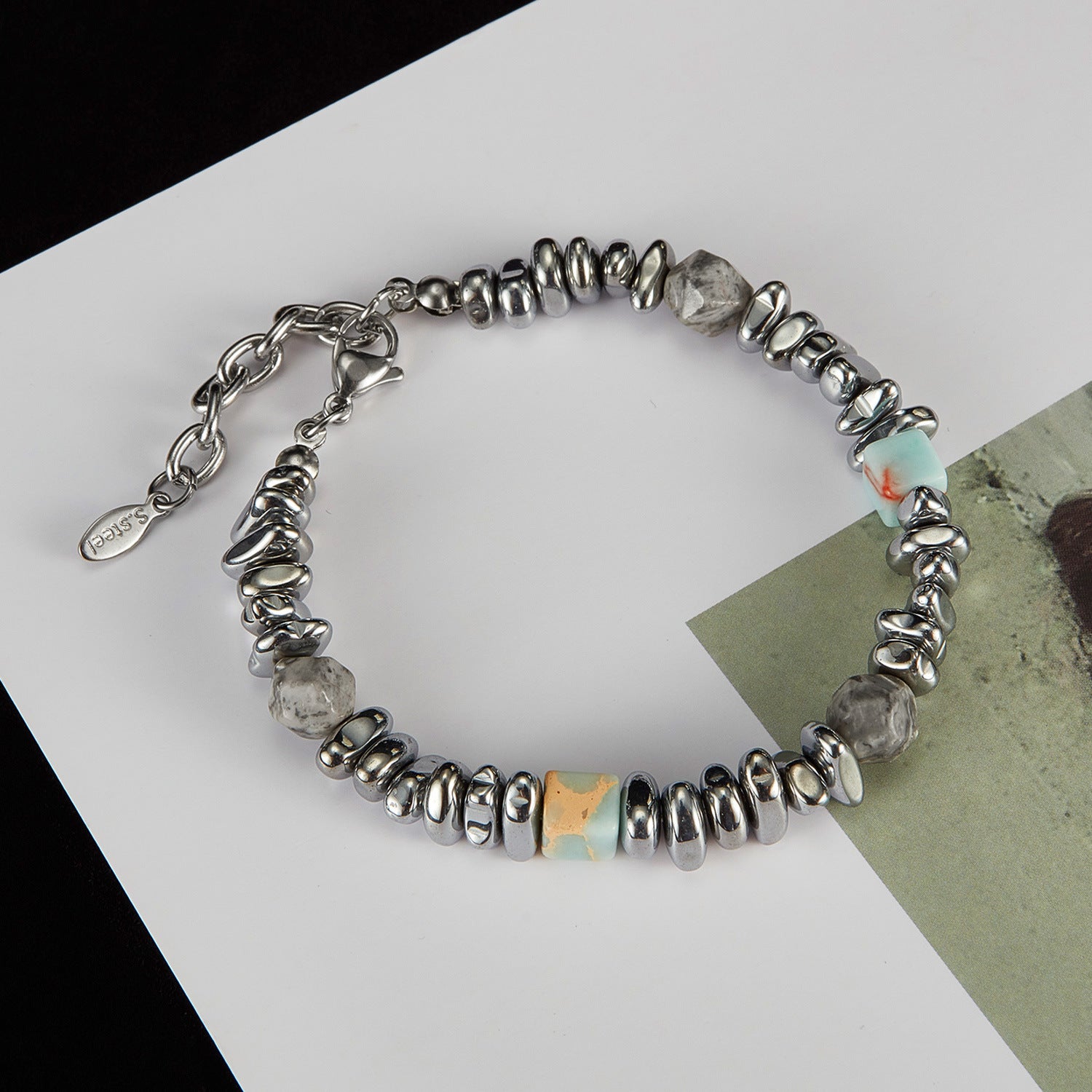 Bracciale con perline in acciaio inossidabile alabastro