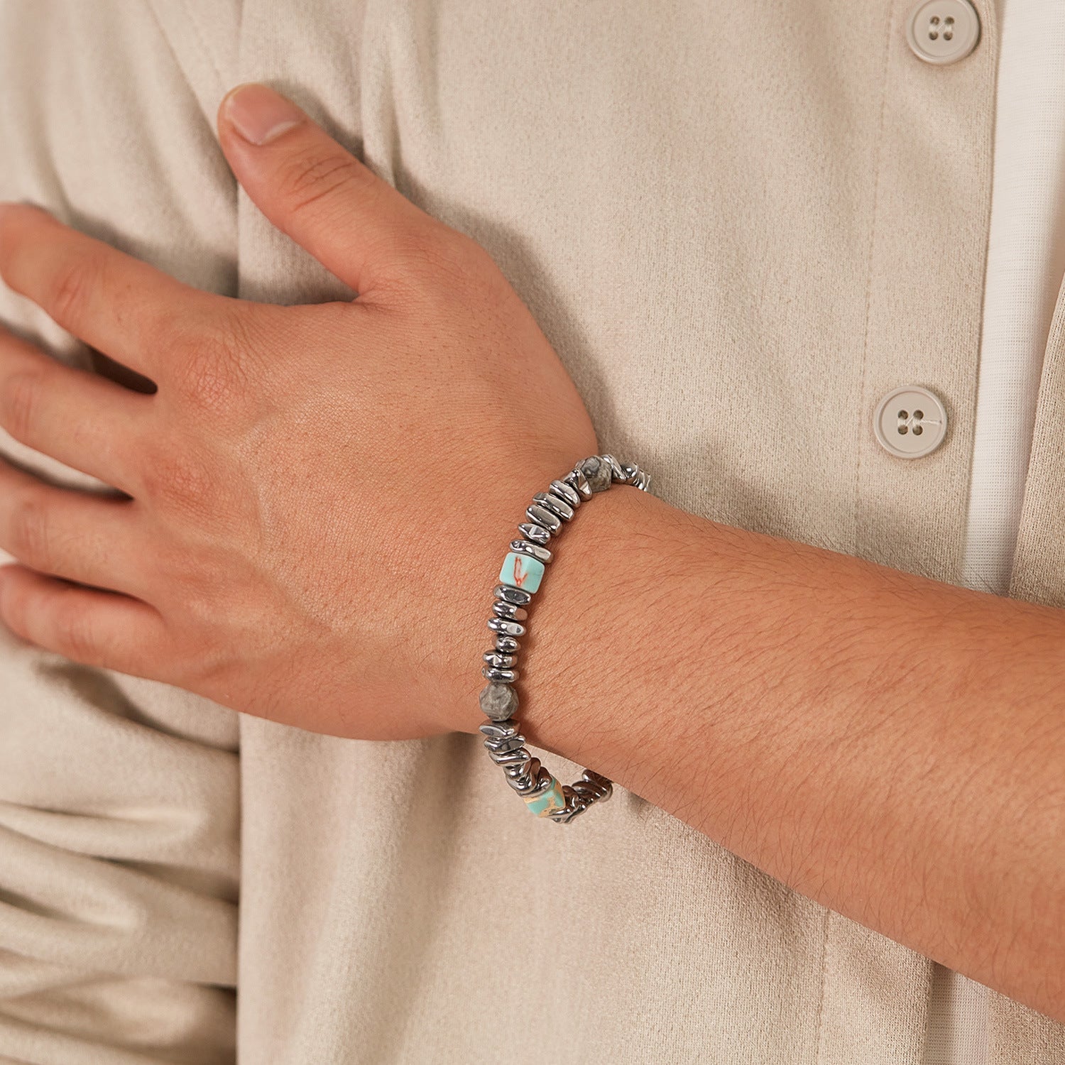 Alabaster-Edelstahl-Perlenarmband
