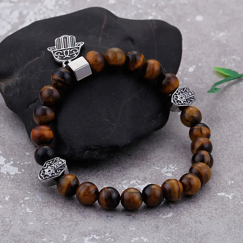 Tiger-eye Bead Hamsa Hand Bracelet - Vrafi Jewelry