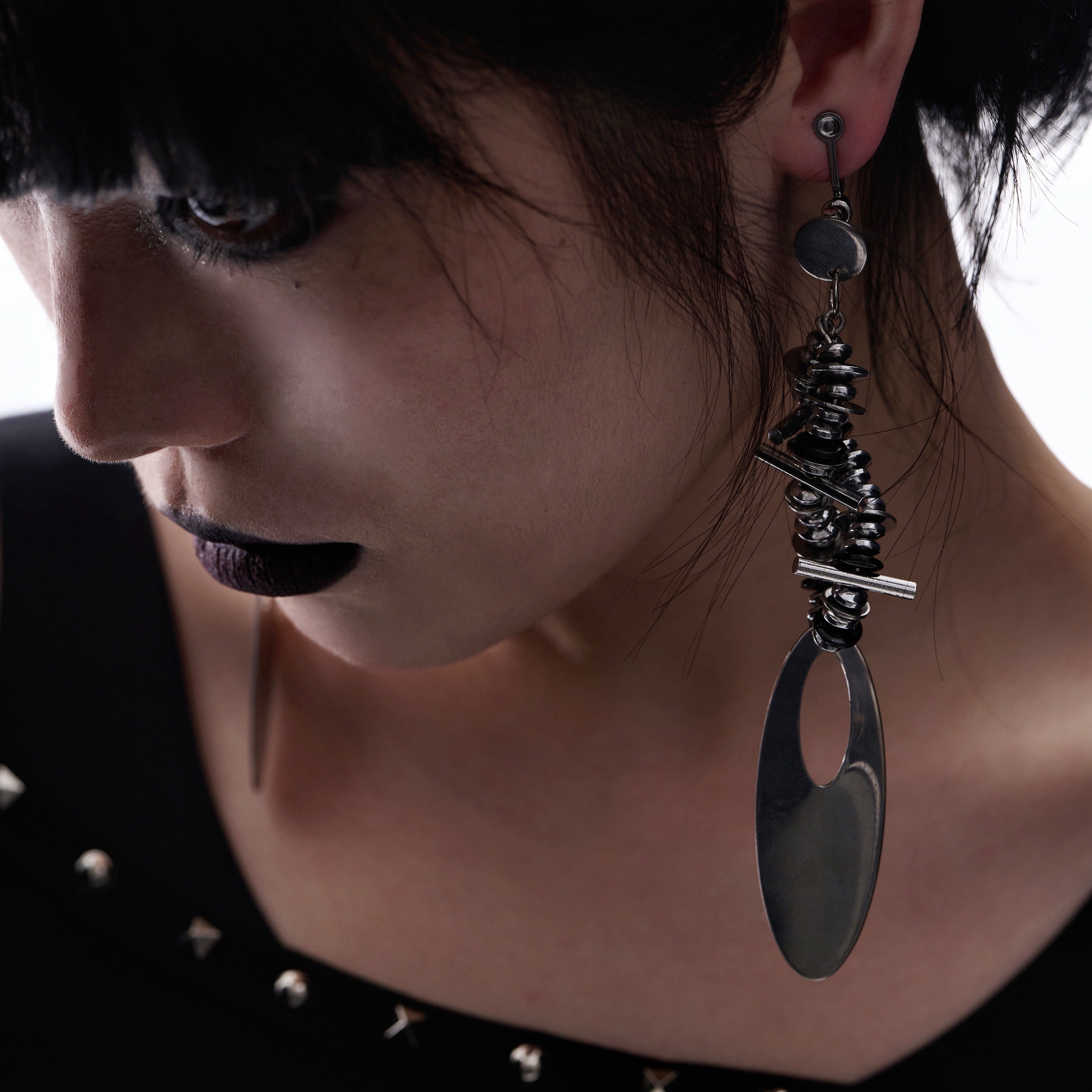 Titanium Steel Black Gallstone Long Earrings