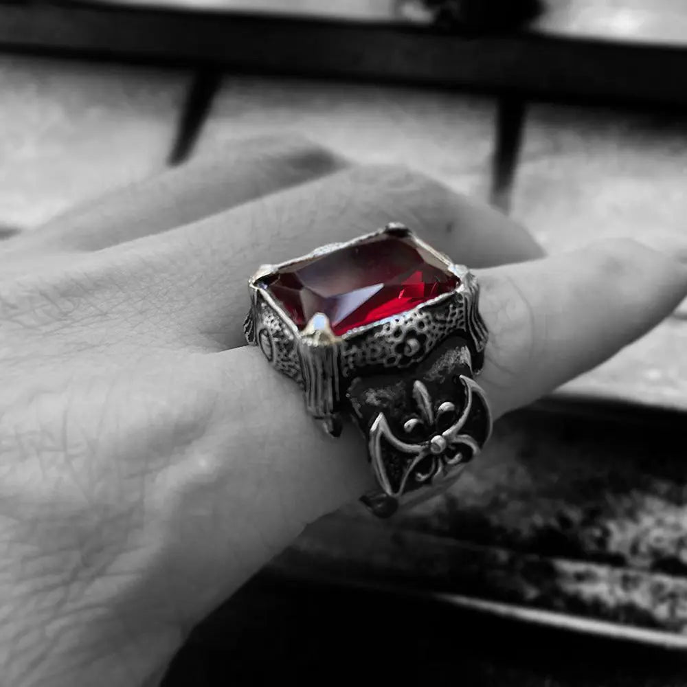 Viking Warrior Axe Gemstone Inlaid Ring VRAFI