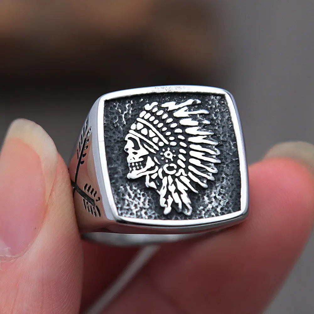 Vintage Indian Chief Skull Ring Vrafi Jewelry - Main Image