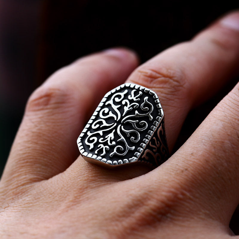 Vintage Finely Carved Floral Stainless Steel Ring-Vrafi Jewelry
