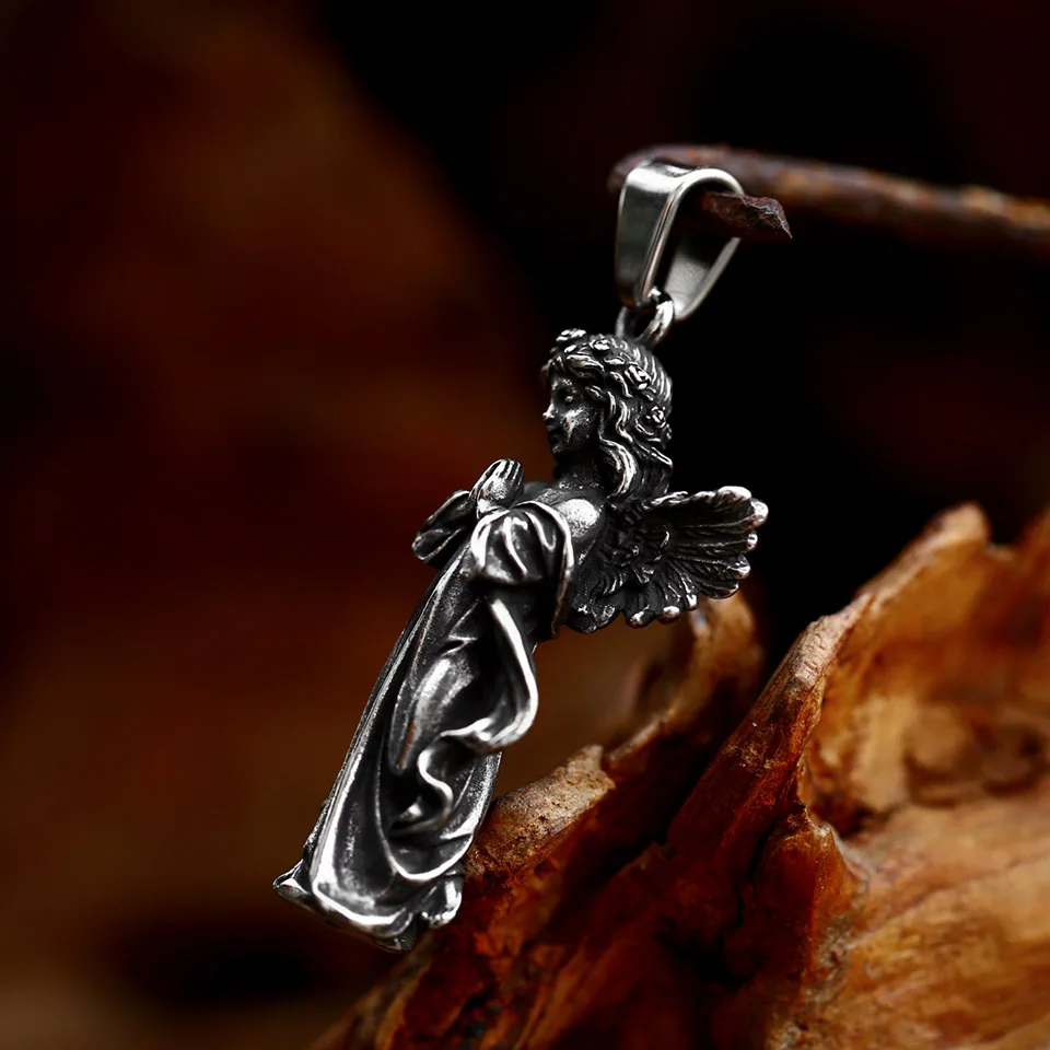 Vintage Stainless Steel Angel Necklace Pendant