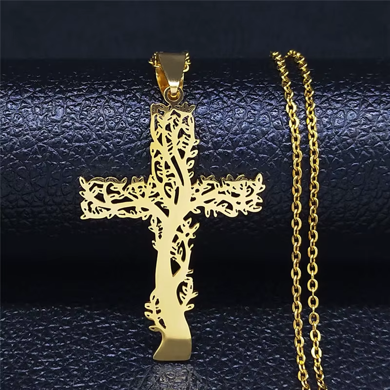 Cut‑Out Tree‑Cross Stainless Steel Pendant