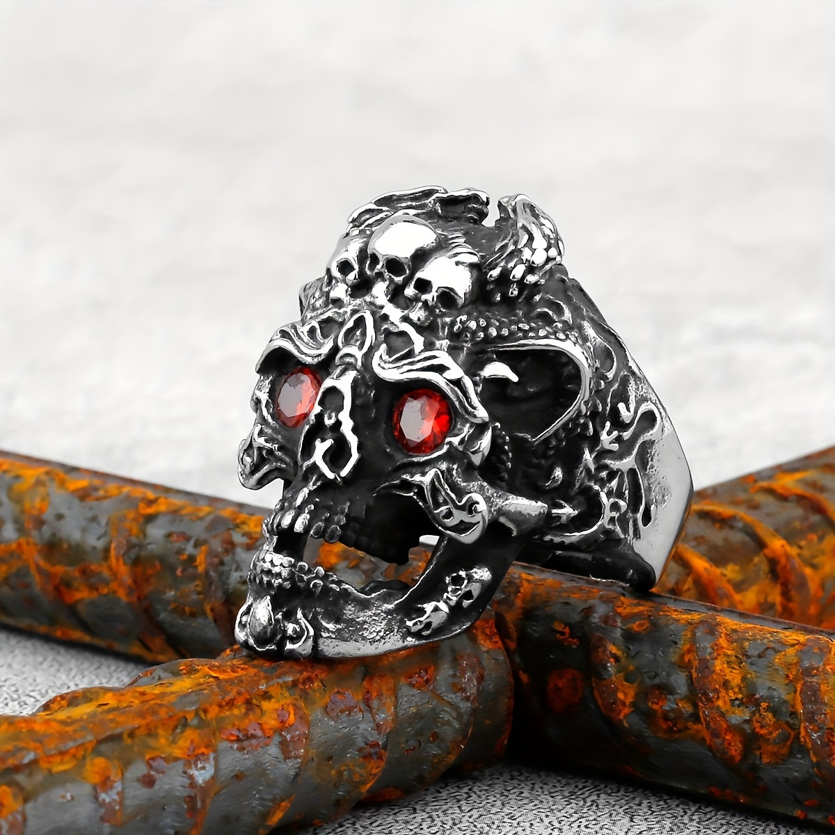 Edelstein-Augen-Totenkopf-Edelstahl-Biker-Ring