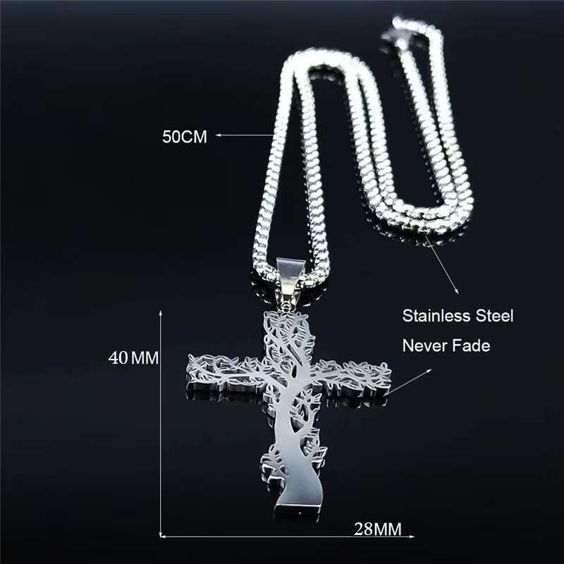 Cut‑Out Tree‑Cross Stainless Steel Pendant