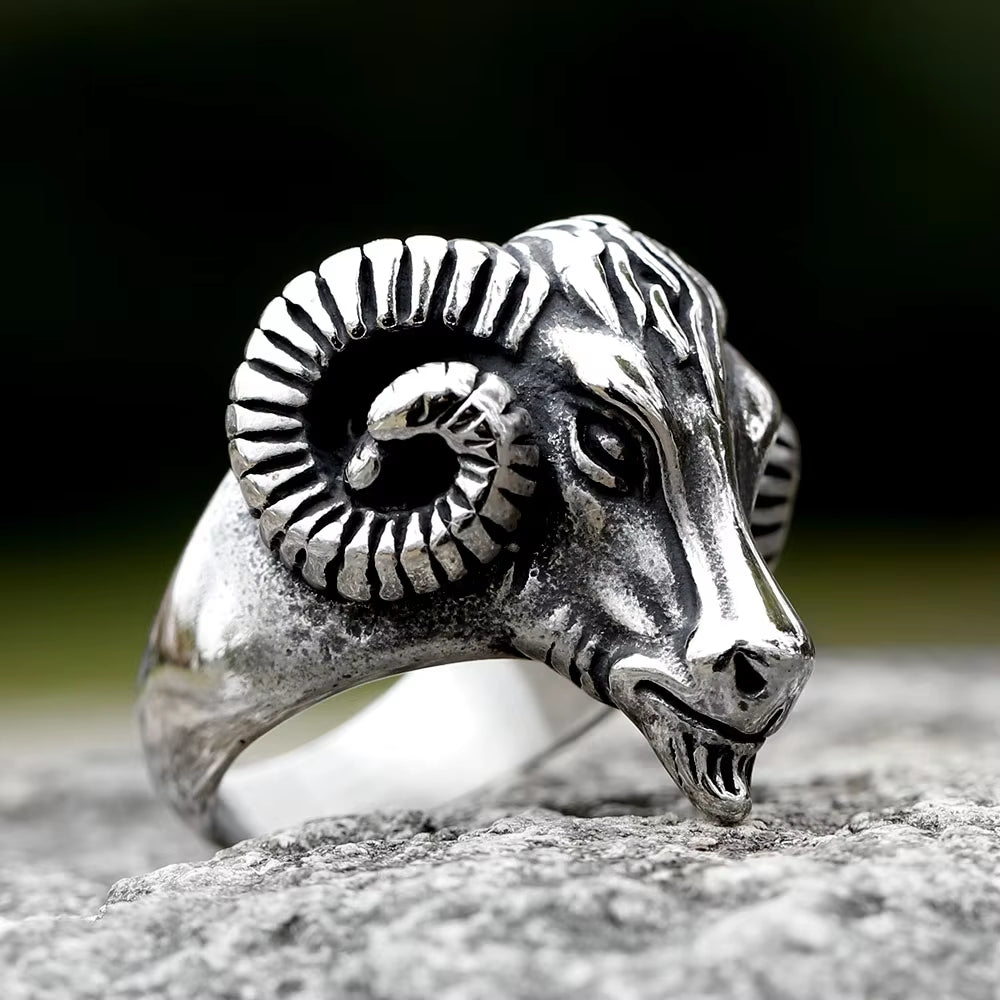 Vintage 3D Ram Head Stainless Steel Ring