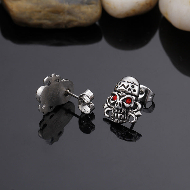Punk Skull Stud Earrings with Red Diamonds-Vrafi Jewelry