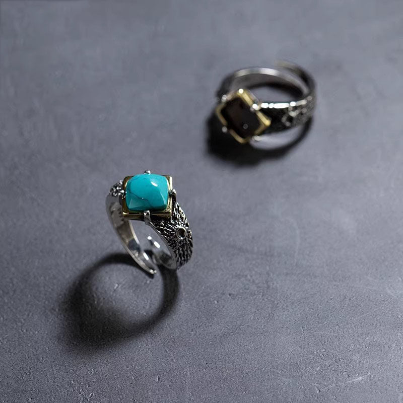Volcanic Crater Textured Open Cuff Turquoise Ring 925 Sterling Silver