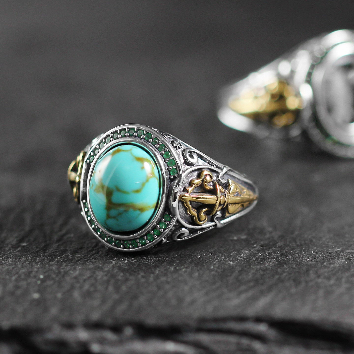 925 Sterling Silver Cross‑Sword Turquoise Signet Ring