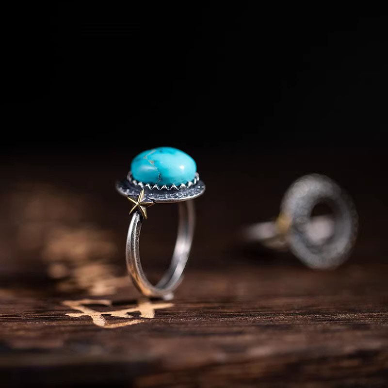 Star‑Accent Serrated Turquoise Ring 925 Sterling Silver