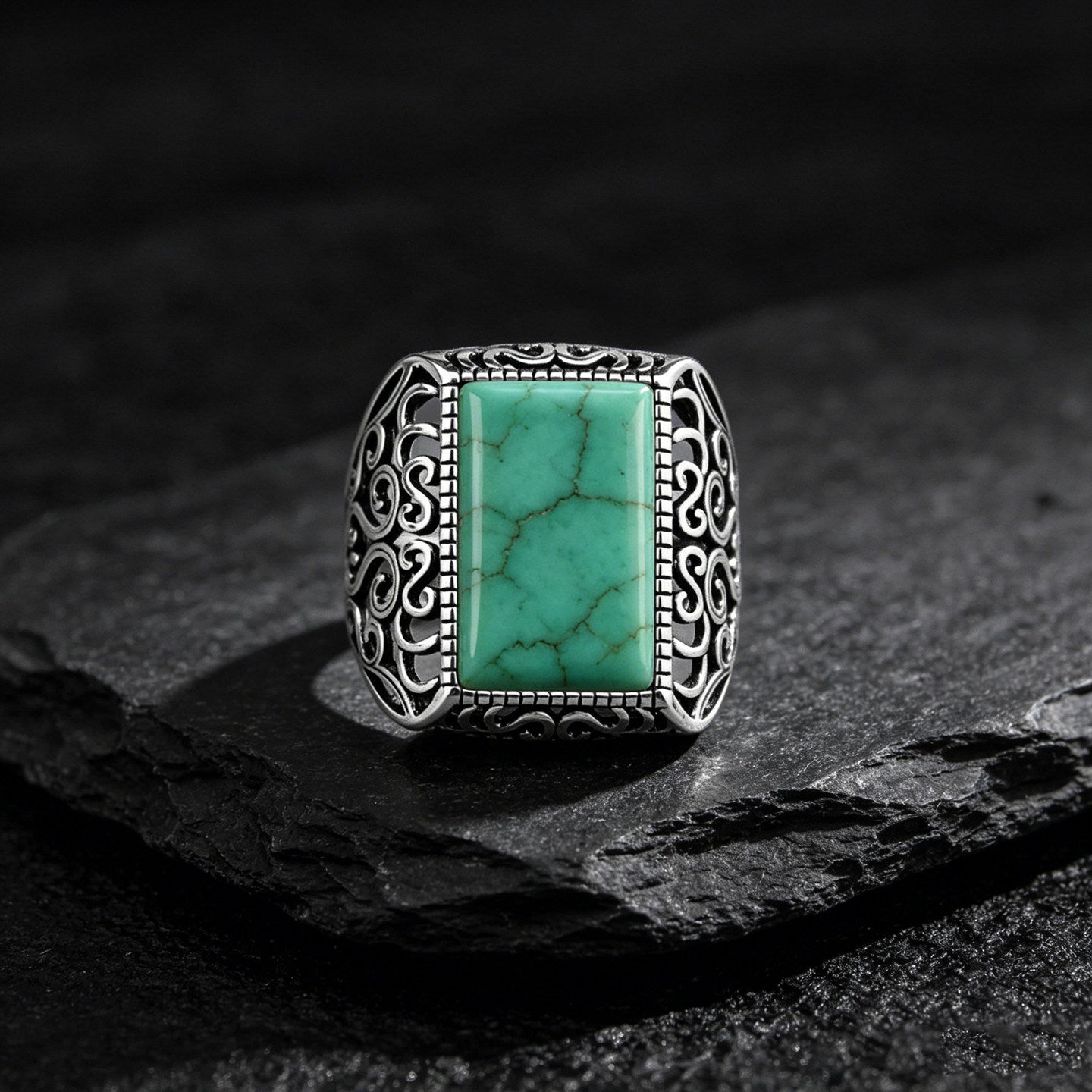 Vintage Filigree Square Turquoise 925 Sterling Silver Ring