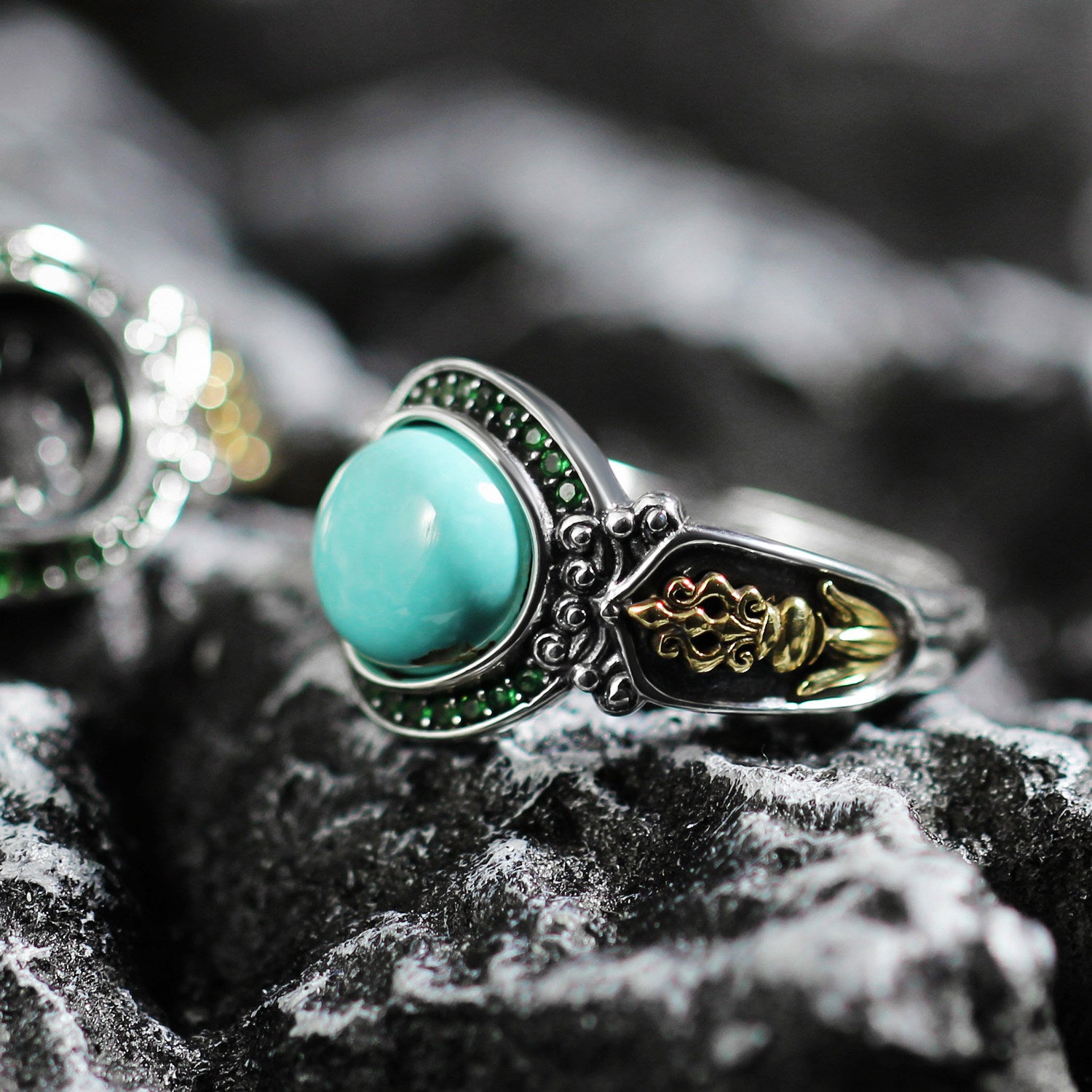 Antique Tibetan Turquoise Ring 925 Sterling Silver