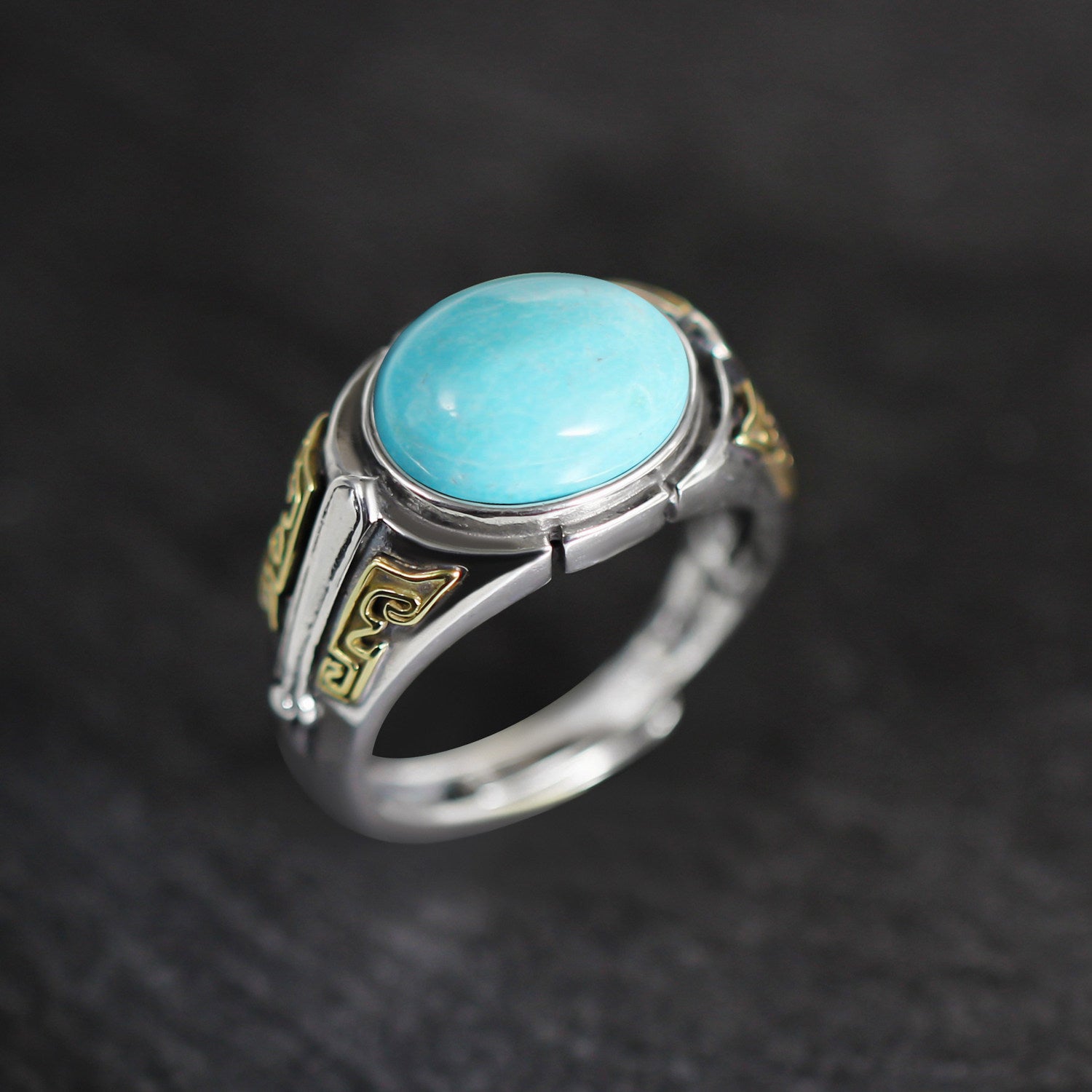 Greek Key Round Turquoise 925 Sterling Silver Ring