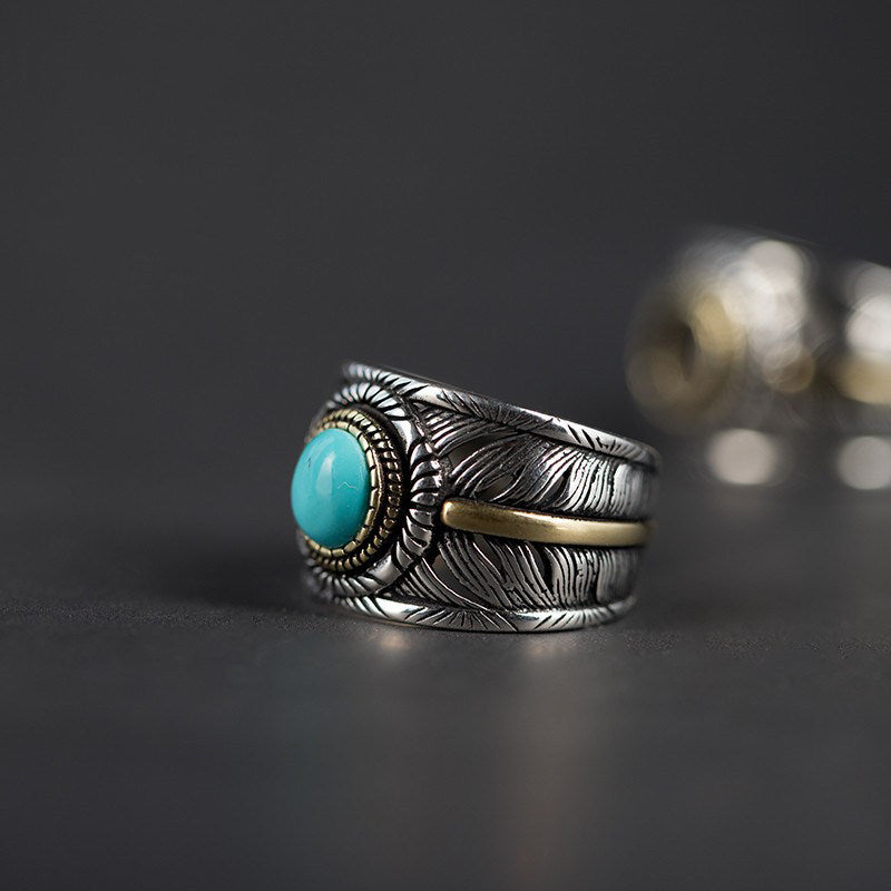 Vintage Indian Engraved Feather Natural Turquoise Ring