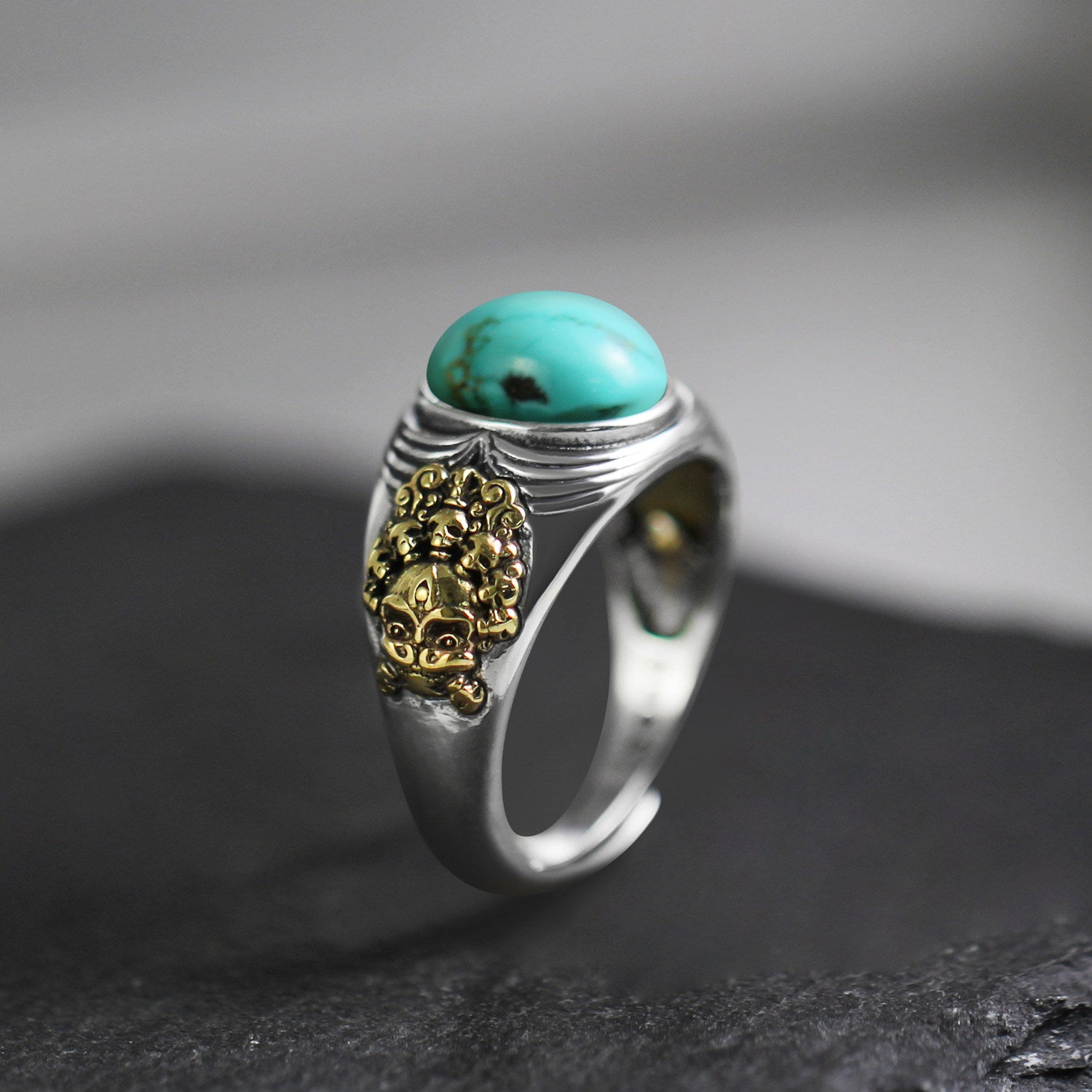 Eastern Myth Two‑Tone Turquoise Signet Ring 925 Sterling Silver